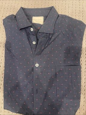 Billy Reid Navy Button-Down Shirt with Red Dot Print